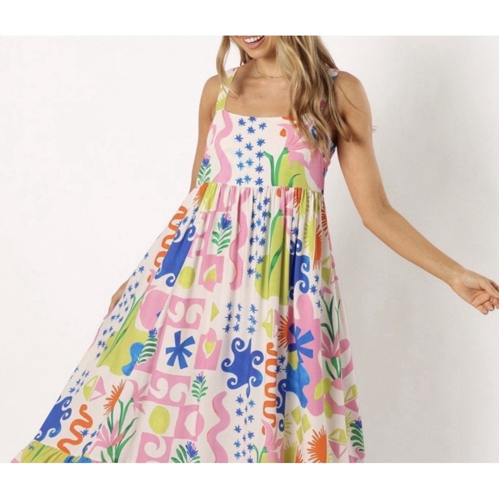 Paper Heart Sydney Tropical Print Midi Dress Small Multi Color Abstract Sun
